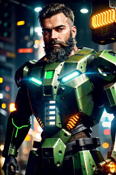 portrait photo of muscular bearded guy in a worn mech suit, surrounded by an electric atmosphere and illuminated with a green neon glow, chest lights, blinkenlights, (light bokeh)++, intricate, (steel metal (rust)-)+, elegant, sharp focus, photo by greg ru...