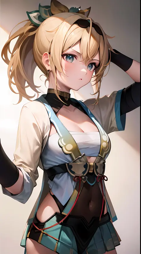 (masterpiece, top quality, high resolution: 1.4), ponytail, detail, aside, arm up, angry face, blonde, cleavage