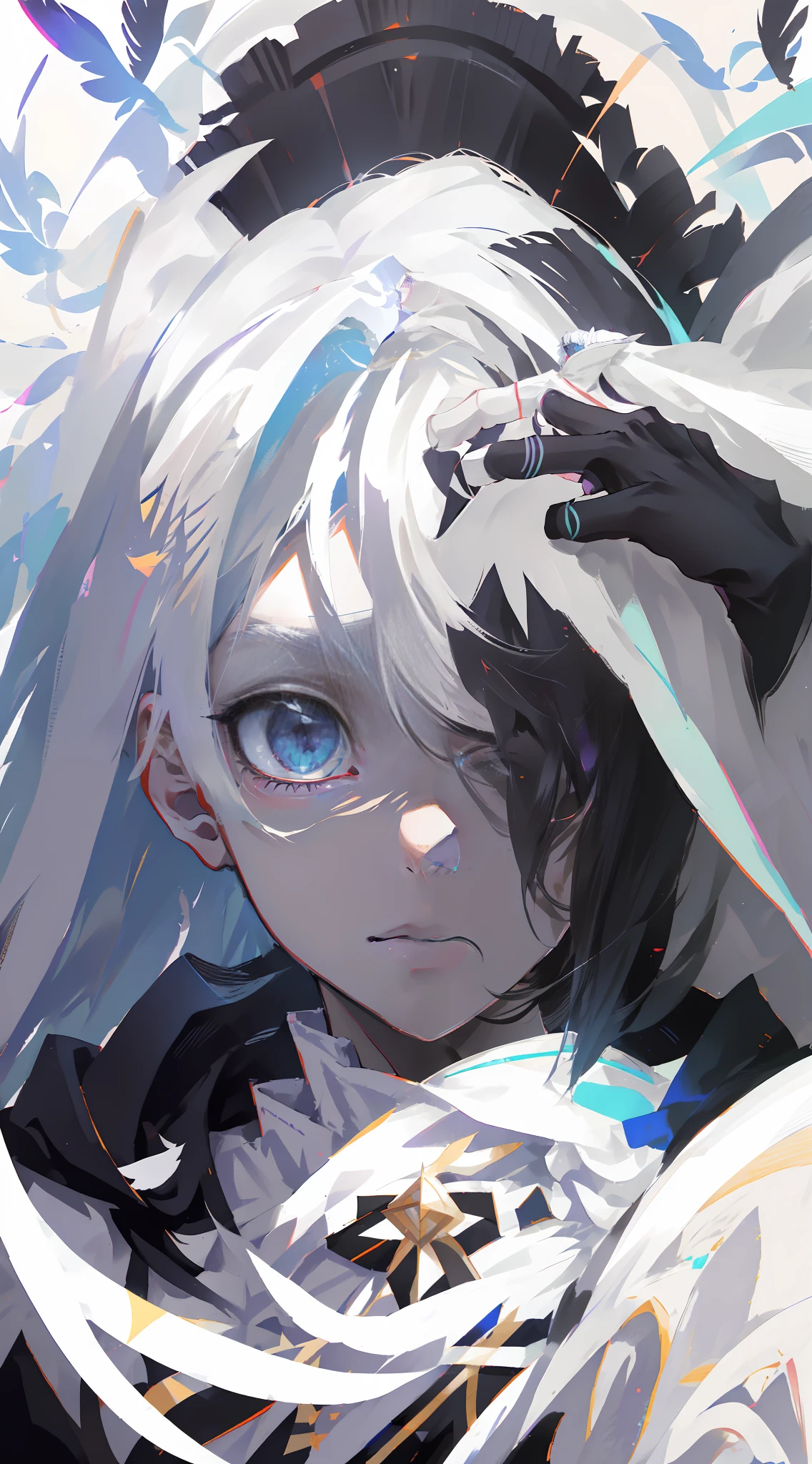 anime - a woman, white hair, and a black and white outfit, best anime 4k konachan wallpaper, anime art wallpaper 4k, anime art wallpaper 4 k, anime art wallpaper 8 k, pixiv artstation, bright purple eyes, flying feathers, crown, anime, conceptual art, high detail, glowing light, multiple monochrome, chromatic aberration, first-person view, atmospheric perspective, UHD, retina, masterpiece,  super detail, 1080P, 4K, 8k, best quality, high details, high quality --auto --s2