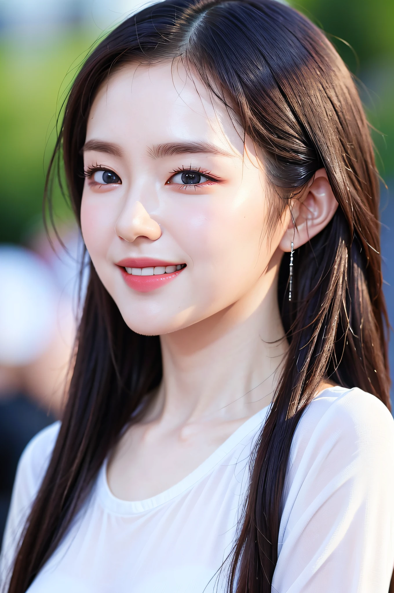 Very detailed eyes, very detailed face, best quality, masterpiece, very detailed, ultra-detailed, (realistic, photorealistic: 1.3), smile, (facing forward), looking at the audience, white shirt, sunny, outdoors, 1girl upper body, middle breast