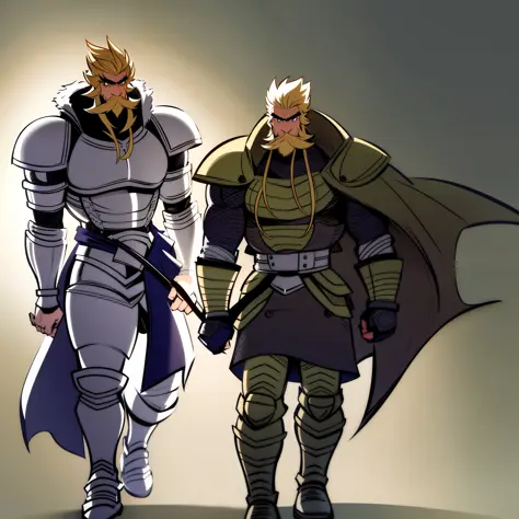 knight, full armor, mustach, mature male, muscular male, walking, blond hair, green eyes, walking