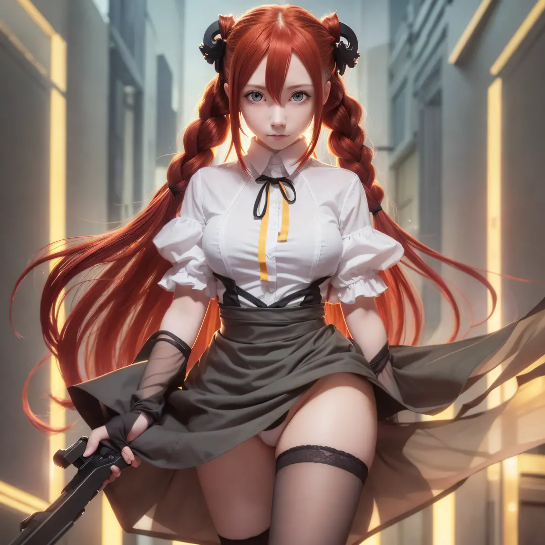 Adolescent, best quality, ultra detailed, redhead, yellow eyes, makima, man electric saw, anime, black tie, hair with braids, transparent blouse, full body vision.