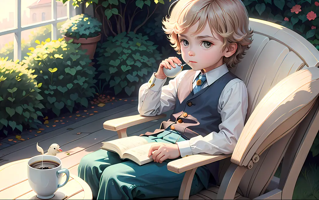 A cute ltittle boy spy, sitting in a chair, near a garden, sipping coffee, morning breeze, sun rise, good morning.