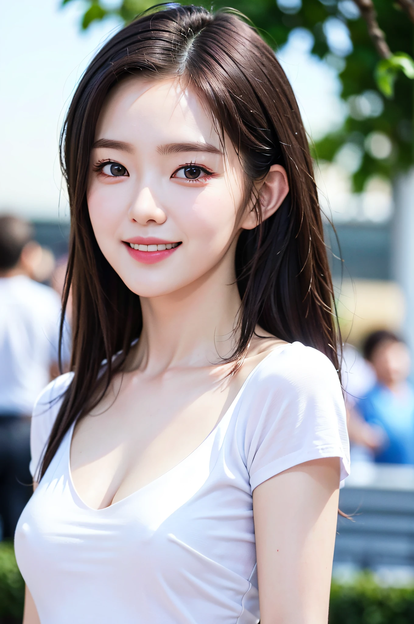 Middle breast exposed, very detailed eyes, very detailed face, best quality, masterpiece, very detailed, ultra-detailed, (realistic, photorealistic: 1.3), smile, (facing forward), looking at the audience, white shirt, sunny, outdoors, 1girl upper body