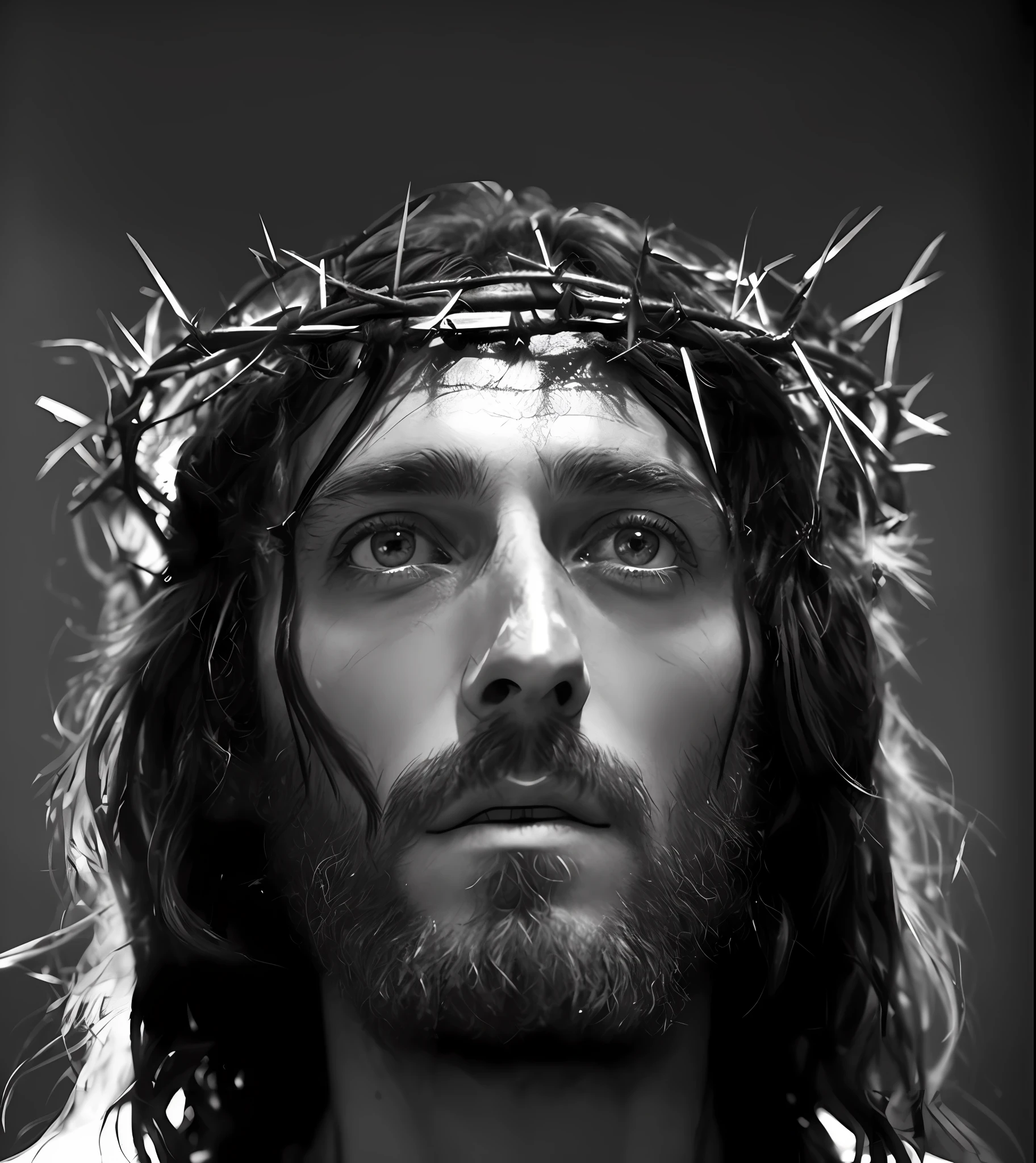 A backlit cinematic portrait of a man with a มงกุฎหนาม on his head, พระเยซู, พระเยซู of nazareth, พระเยซู christ, โดย Mirabello Cavalori, portrait of พระเยซู christ, มงกุฎหนาม, พระเยซู face, ในการออกแบบของเอเลียต โคเฮก, โดย ลี เจฟฟรีส์, คริสเตียน, ราชาแห่งราชา, by emmanuel ลูเบซกี้, ลูเบซกี้