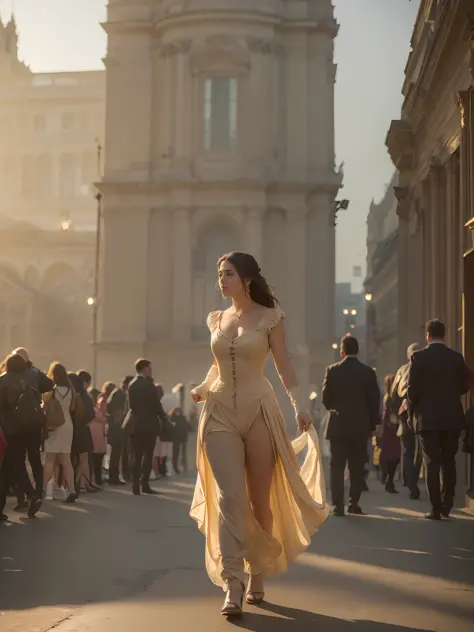 "(((masterpiece))), the best quality, elegant Victorian costumes, Lauren Jauregui happy strolling through a lively city, wide pl...