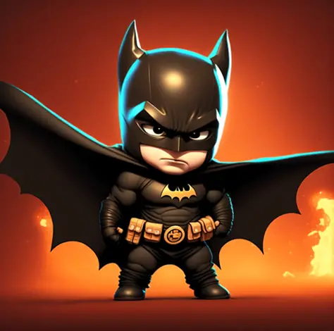 digital art of a cute batman , haunting atmosphere, fire,