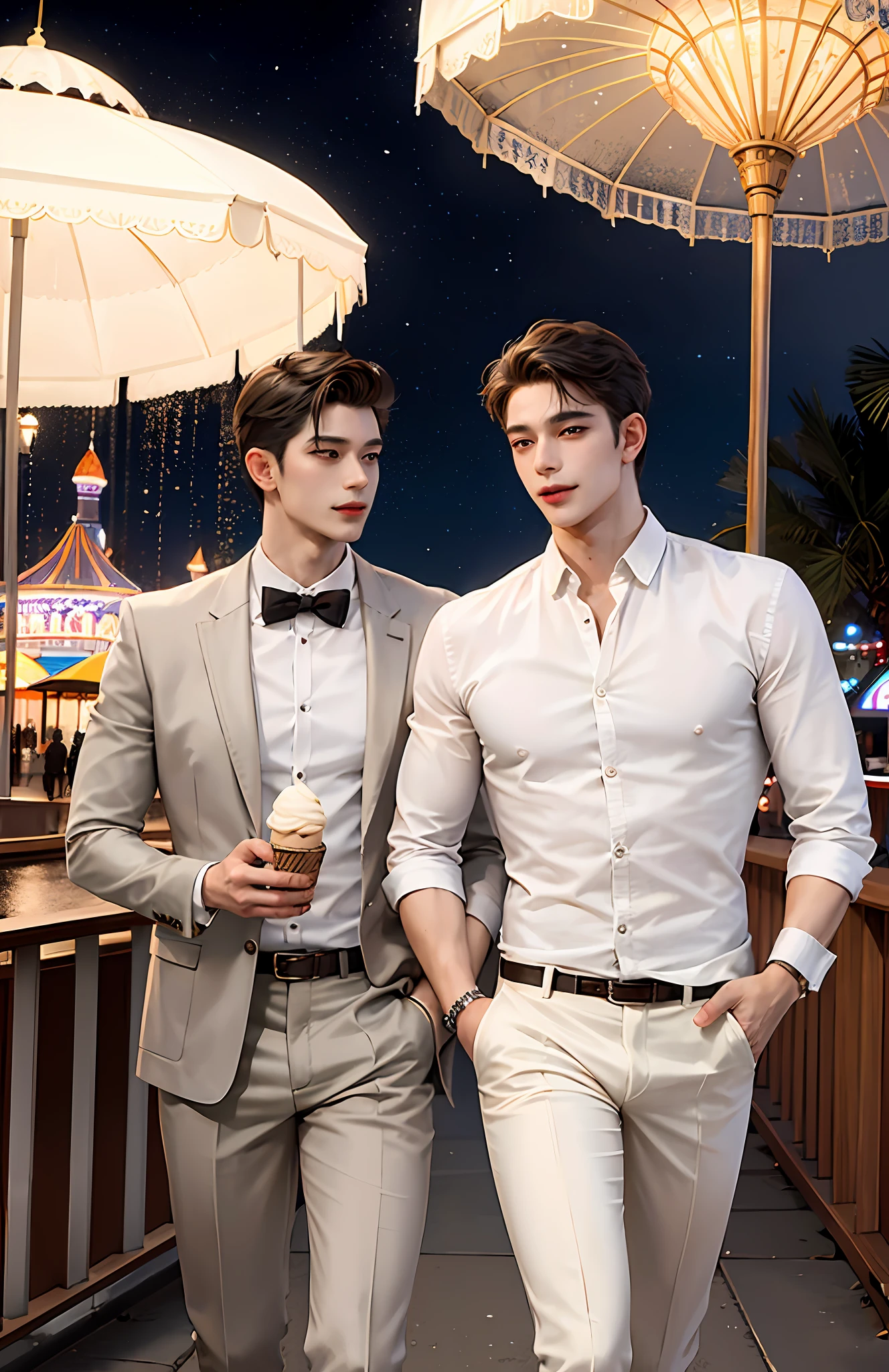 Masterpiece, top quality, two men, adults, walking while eating ice cream, tall muscles, handsome and delicate eyes, intricate details, amusement park, moonlit night, smile, aesthetic, romantic, dreamy