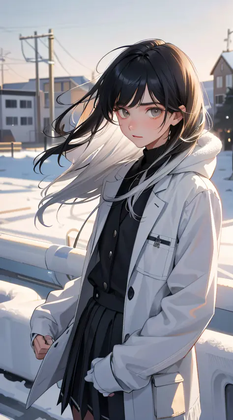 A 20-year-old man, a 20-year-old woman, a man with short black messy hair, a woman with long silver hair, in winter, white school uniform, standing on the edge of the school playground, upper body display,