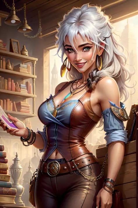 Steampunk, steampunk, smiling woman in a small bookstore, necklaces, earrings, bracelets, chains, shirts, vests, belts