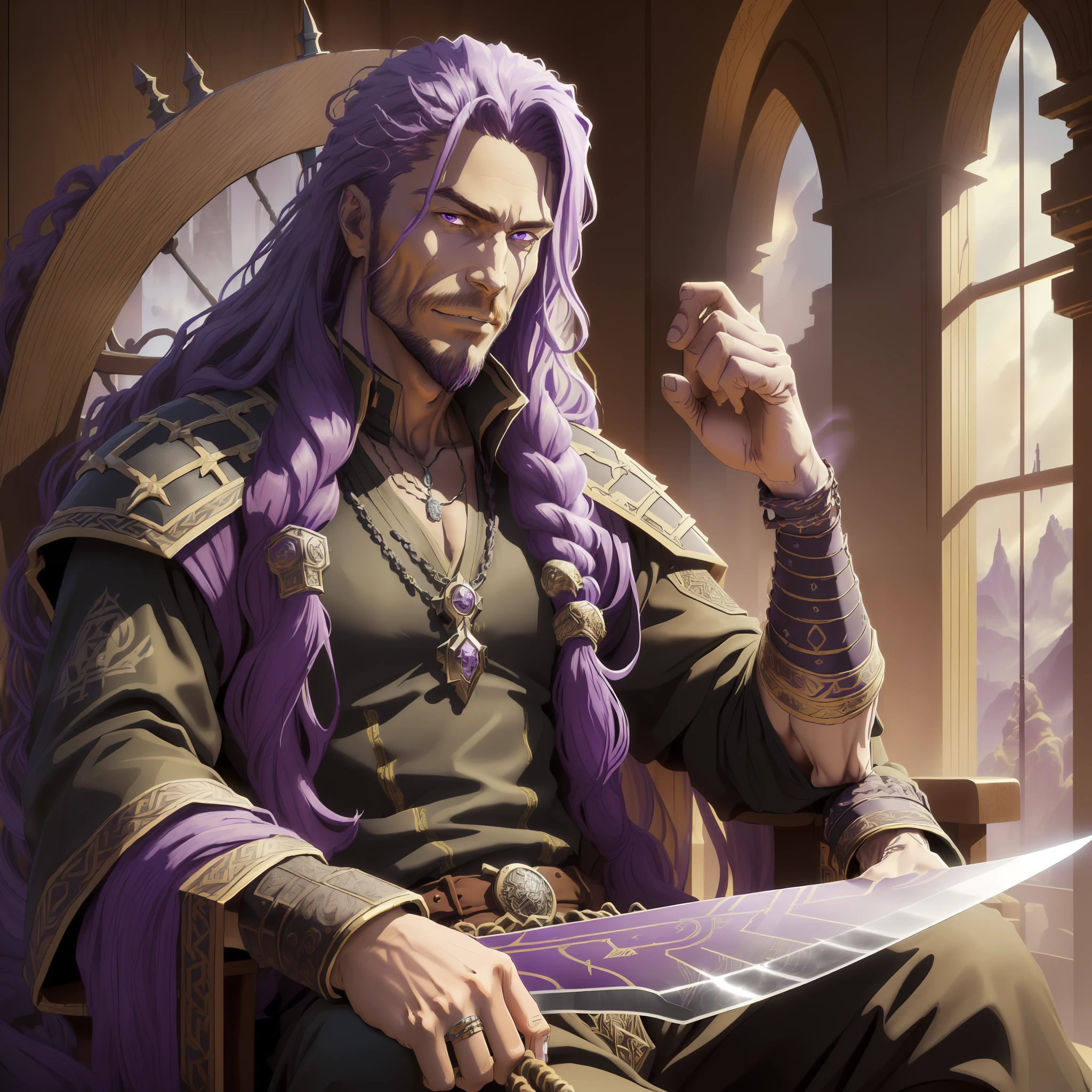 (concept art), (Realistic:1.33), (high-quality depth map:1.1) The drawing depicts a (30-year-old man) sitting on a majestic throne, located in a Viking-era war setting, with elements similar to those of Game of Thrones [".] His (eyes are a deep purple( and contrast with his (long hair and entwined in dreads also purple), which run down his back [".] (His skin is a brown hue), which highlights his strong and striking features [".] He is dressed in black, with clothes of light fabrics that seem to have a luxurious appearance [".] On his neck and wrists, he wears several gold necklaces and bracelets, which shine against his skin [".]

The scenery in which it stands is highly detailed, with an impressive sharpness and realism, thanks to the digital illustration in 4K [".] Several elements are present that indicate a war scene in the age of the Vikings, such as burning ships, soldiers with shields and swords, and smoke [".] The throne on which he is seated is ornate, with wooden details and intricate carvings [".]

(The man holds a long, sharp sword in his right hand), which has also been drawn in detail with sharpness and realism, and appears to be a Viking sword [".] His smile is mischievous, almost imperceptible, and seems to indicate that he knows secrets that no one else does. He examines his surroundings with a piercing gaze, as if he is always one step ahead of others [".]

His purple dreaded hair is an important element of his appearance, and has been designed with care and attention to detail [".] The sword is also an important part of the drawing, and was depicted realistically and accurately [".] The design conveys the feel of an epic battle scene, with a mix of fantasy and story elements [".]
