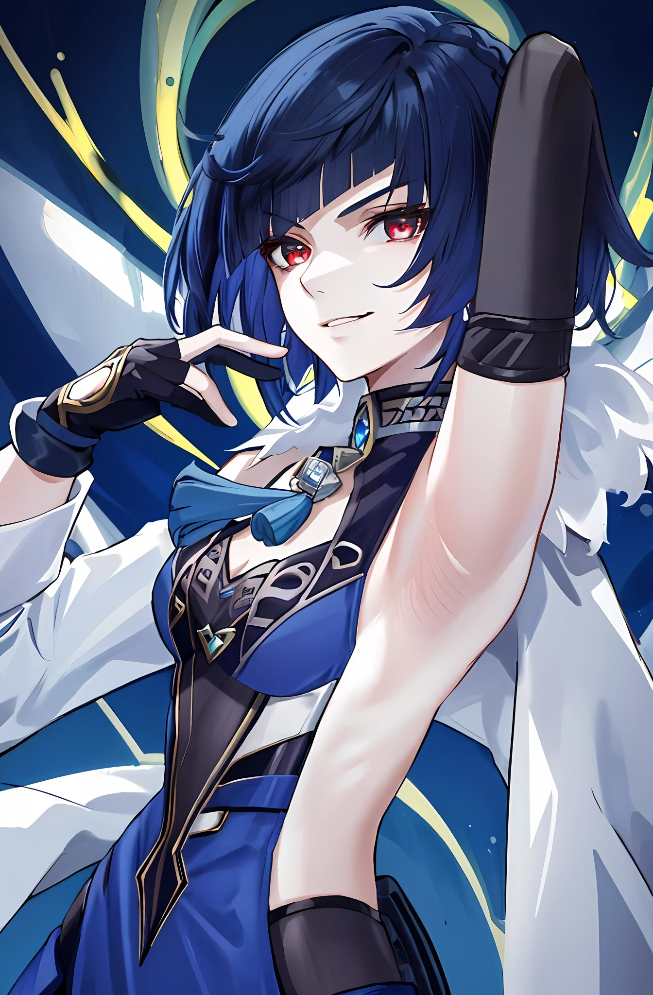 1girl, (solo:1.2), ((masterpiece)), [slim], (small breasts), pale skin, ((detailed eyes)), (background blur), yelandef, blue attire, short hair, gradient hair, glove, red eyes, black and white hair, evil, malicious, smirk, villainous