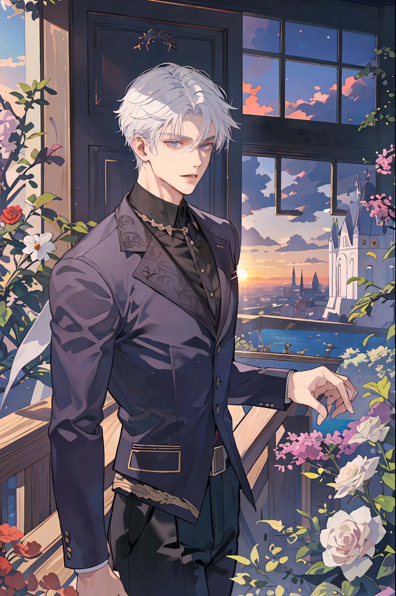 ((Masterpiece:1.2, best quality)), 4K, Adult, Single, Young man, Handsome, Very tall, Muscle, Wide shoulders,White hair, Purple eyes, Portrait, Sunset, Garden