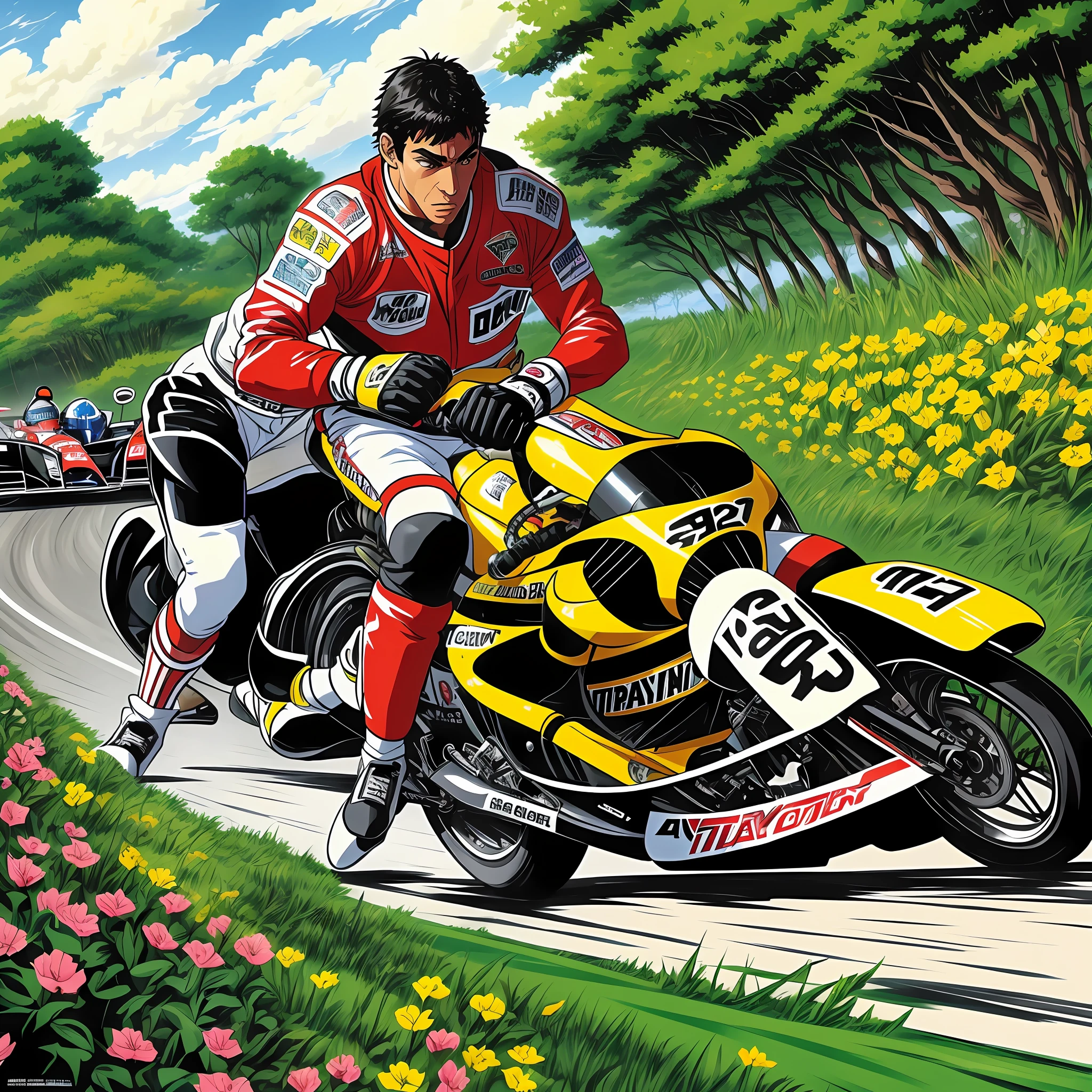 Mayky Tayson kämpft in einer Anime-Landschaft gegen Ayrton Senna --auto --s2