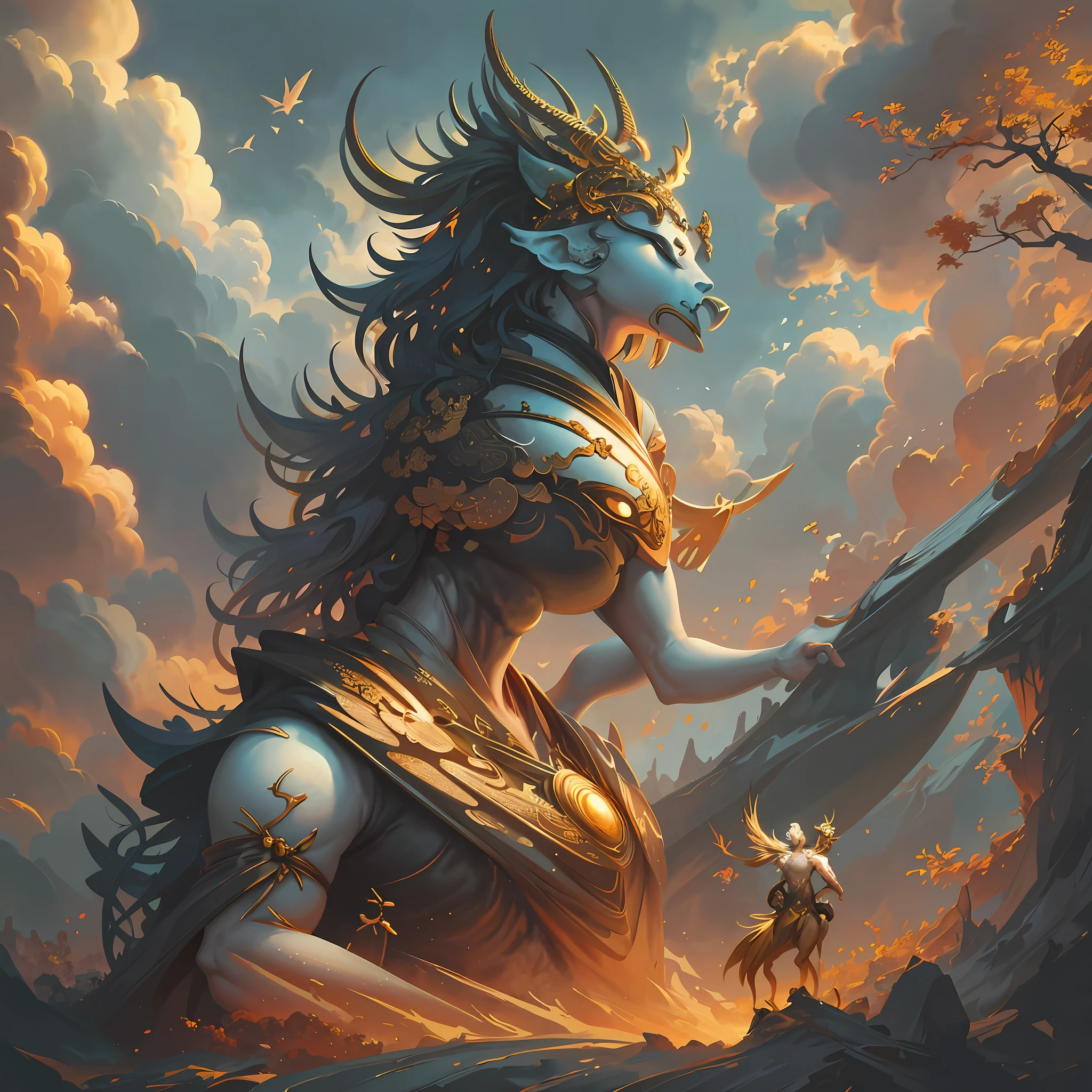 painting of a mythical creature with a golden crown and a golden tail, mohrbacher, in the art style of mohrbacher, fantasy card game art, fantasy art behance, graphic artist peter mohrbacher, peter mohrbacher style, epic fantasy card game art, full art, peter mohrbacher artstyle, peter mohrbacher c 2 0