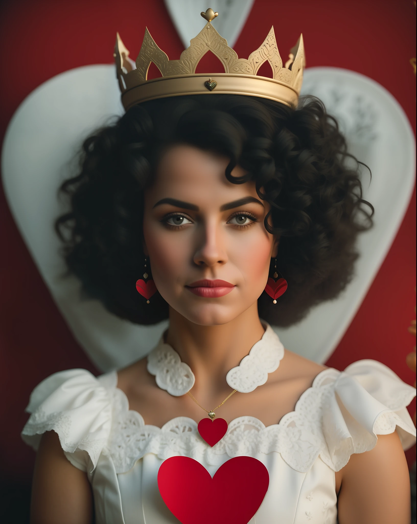 A close up of a woman wearing a crown and a heart shaped necklace ...