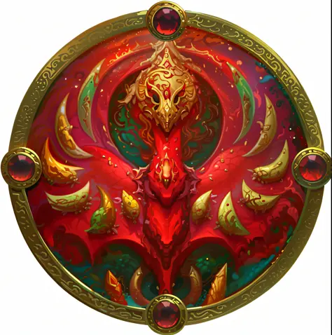 a circular painting of a red dragon with gold accents, nicol bolas, dragon centered, tiamat, holy fire spell art, style of magic...