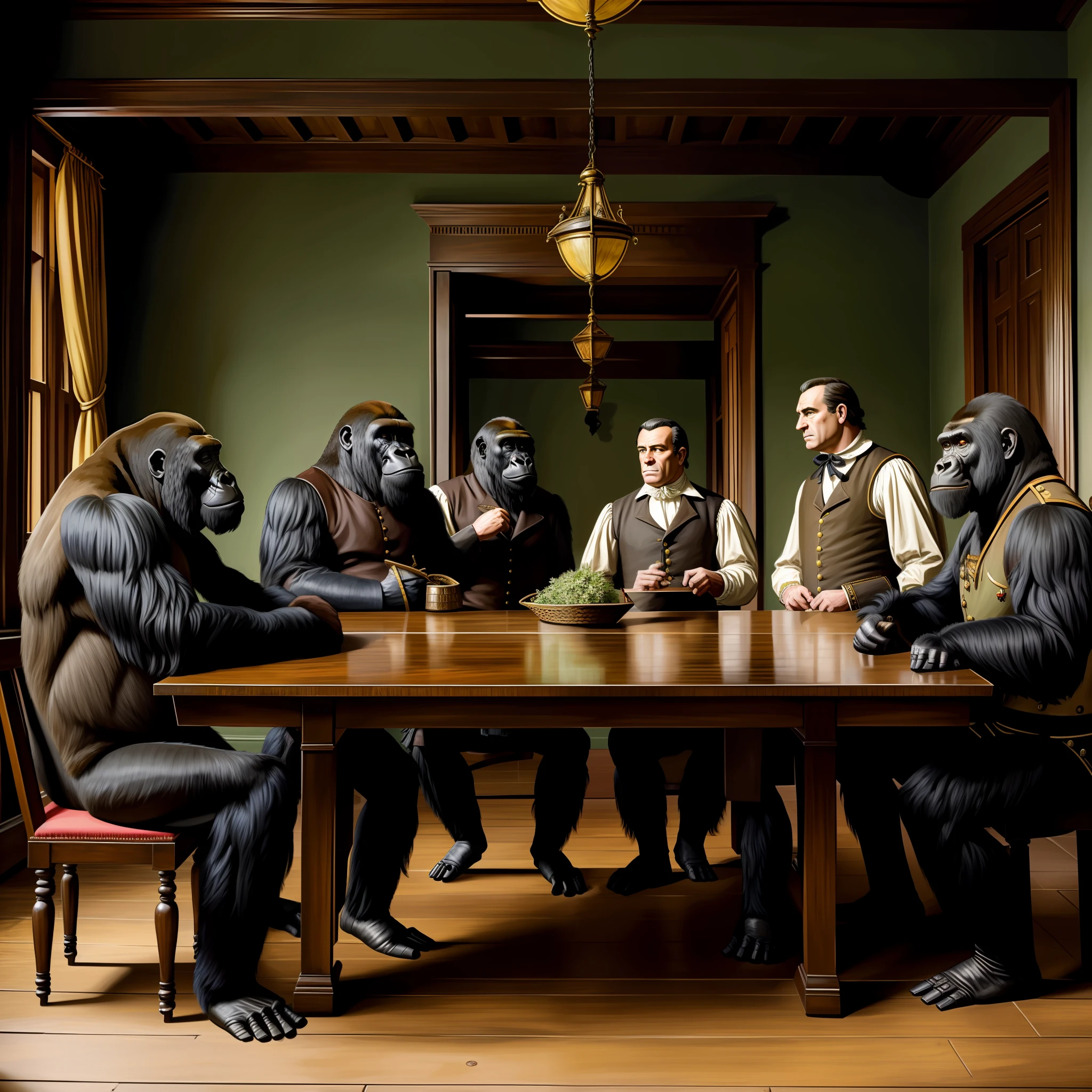 历史绘画, 全景拍摄, 在走廊, 大猩猩辩论, 大猩猩在争论, 穿着殖民时期服装的大猩猩, 对话, 殖民时代风格, 详细的服装, 严肃的面孔, 对话, 谈判 , 在餐桌上, 谈判 table, 穿着殖民地服装的大猩猩, 军事装备中的大猩猩