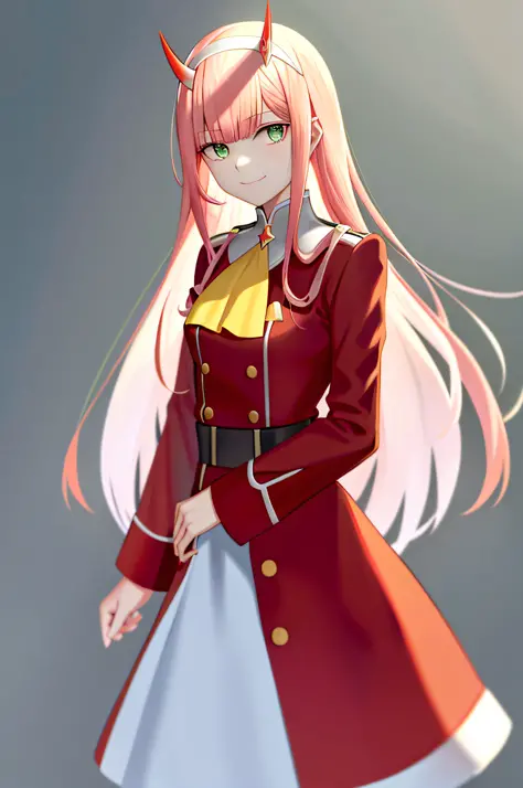 zero two \(darling in the franxx\), darling in the franxx, 1girl, ascot, bangs, blue background, green eyes, hairband, horns, lo...