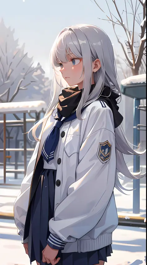 20-year-old girl, long silver hair, white school uniform, expression wet eyes, winter, white school uniform, standing on the edg...