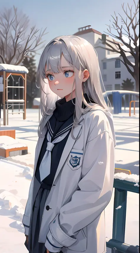 20-year-old girl, long silver hair, white school uniform, expression wet eyes, winter, white school uniform, standing on the edg...