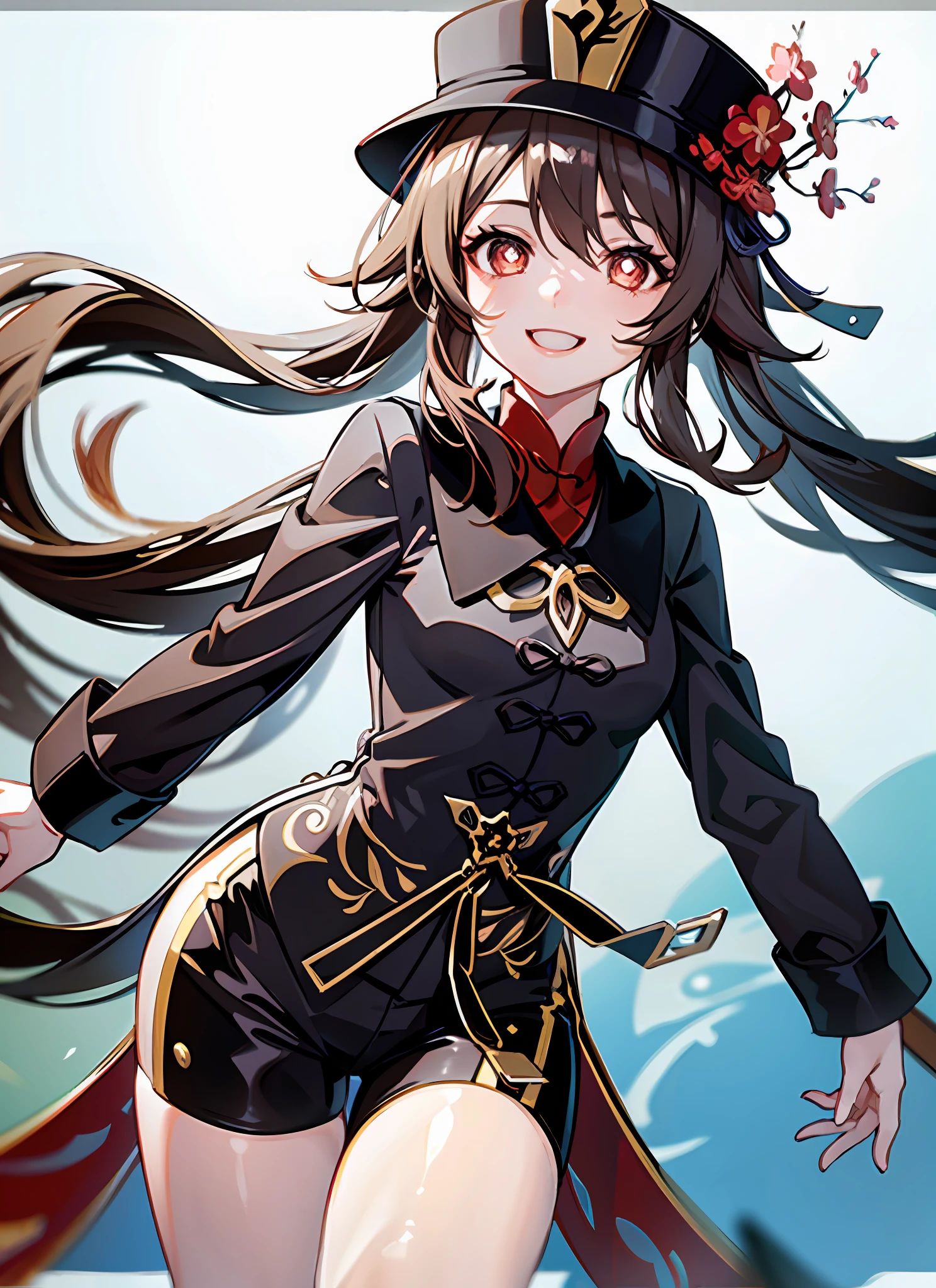 1girl, (solo:1.2), ((masterpiece)), [slim], (small breasts), pale skin, ((detailed eyes)), (background blur), brown hair, hat, shorts, dark brown attire, beads bracelets, cheerful, smiling, hutaodef