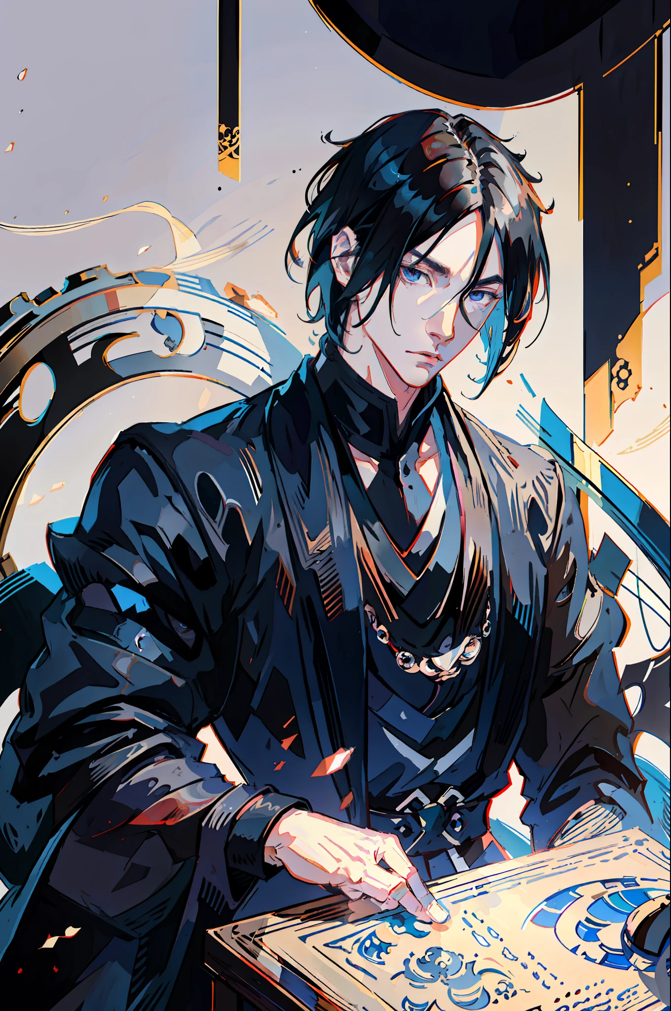 masterpiece, best quality, 1 man, adult, handsome, tall and muscular boy, broad shoulders, finely detailed eyes and detailed face, short black hair, sasuke, onyx colored eyes, aristocrat, white background, shadow effect, throne,(anime), sasuke uchiha,fantasy, 18th-century European aristocratic style, noble
