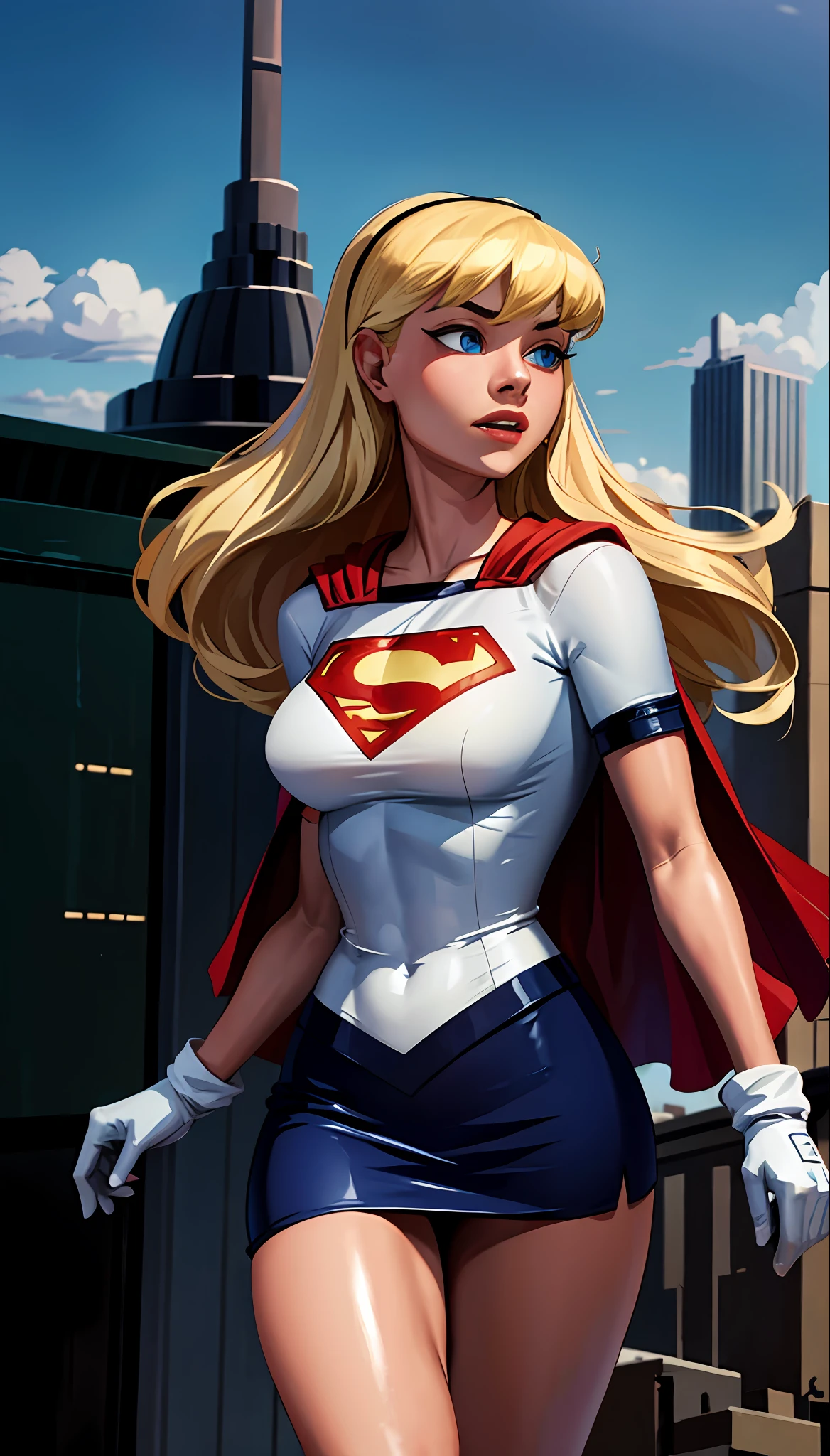 (cowboy shot), SFW, (masterpiece), (best quality: 1.0), (ultra highres: 1.0), detailed eyes,
BREAK
Supergirl, 1girl, long blonde hair, in the air, flying
hair band, \(white\) crop top, short sleeves, cape, blue pencil skirt, gloves, boots
BREAK
(clouds, city in ruins, seen after apocalyptic)