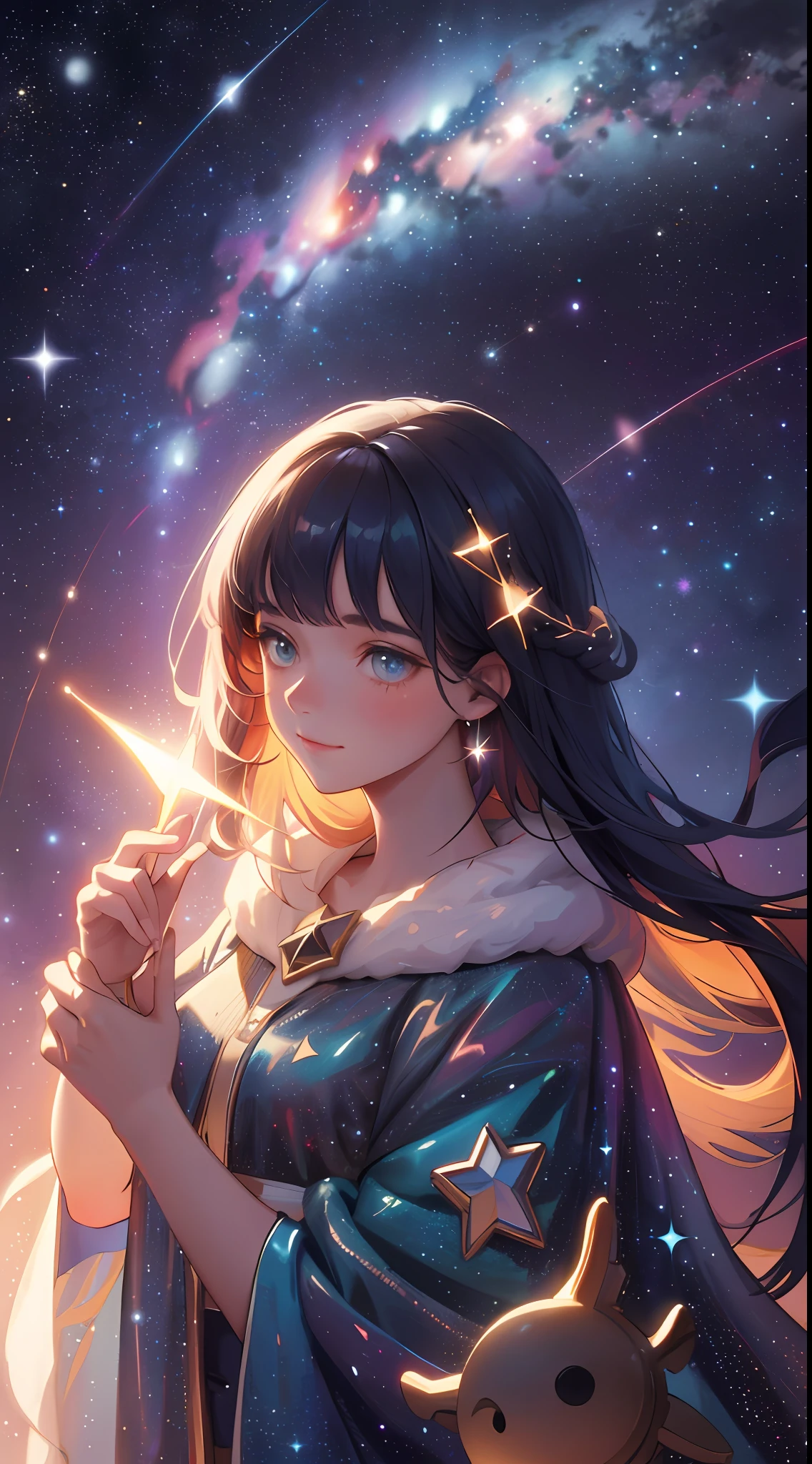 High detail, super detail, super high resolution, girl enjoying her time in the dreamy galaxy, surrounded by stars, warm light sprinkled on her, background with starry sky with colorful galaxies and galactic clouds, stars flying around her, adding a playful atmosphere ,