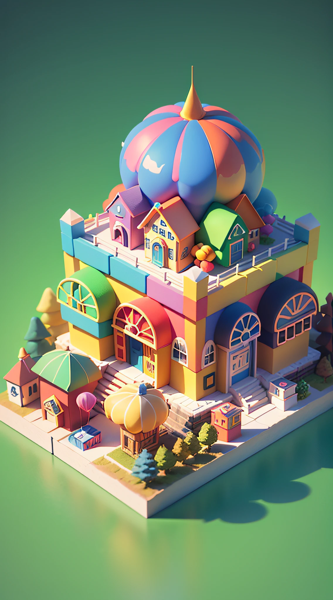 isometric house, (top-down 45-degree perspective), cartoon, candy house, colorful balloons, cute building, huge candy-like signboard, amusement park, blank background, clear structure, correct light and shadow, 3D rendering