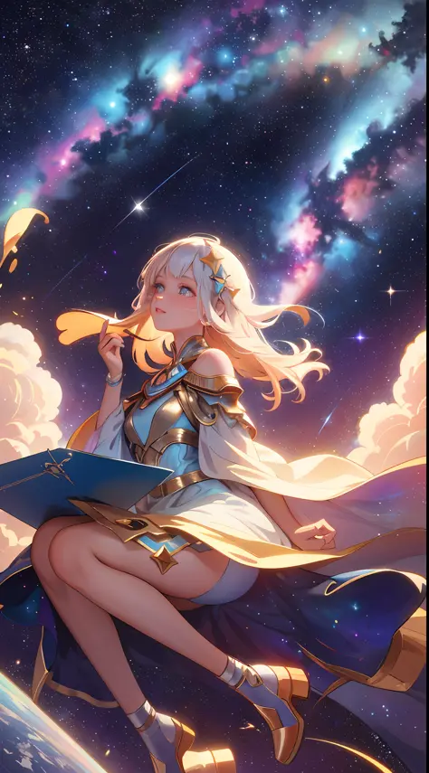 High detail, super detail, super high resolution, girl enjoying her time in the dreamy galaxy, surrounded by stars, warm light s...