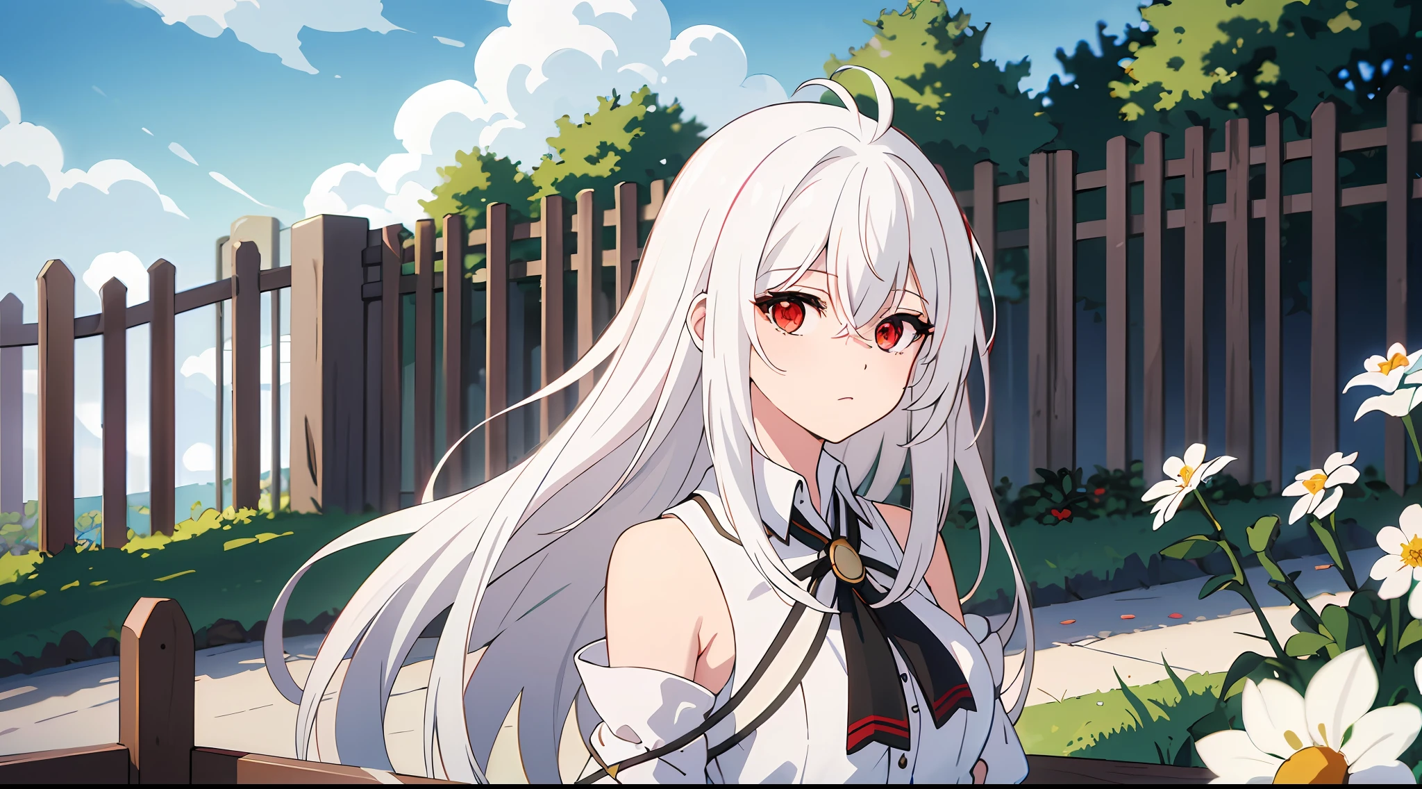 (masterpiece, best quality), ((1girl, (mature), Ninym Ralei, ), (white hair, beautiful hair), (red eyes, beautiful eyes, eye highlights, sharp eyes), (looking at the viewer, white flowers)), ((sky, clouds), fence), (highres, chromatic aberration), (),