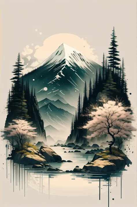 white background, landscape, ink, mountain, water, trees, oil painting