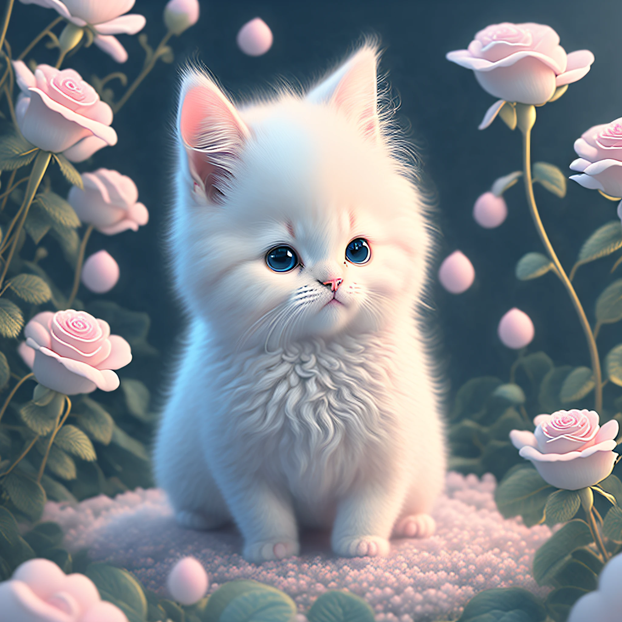 Nesta arte CG ultra-detalhada, o adorável gatinho cercado por rosas etéreas, melhor qualidade, alta resolução, Detalhes intrincados, fantasia, animais fofos