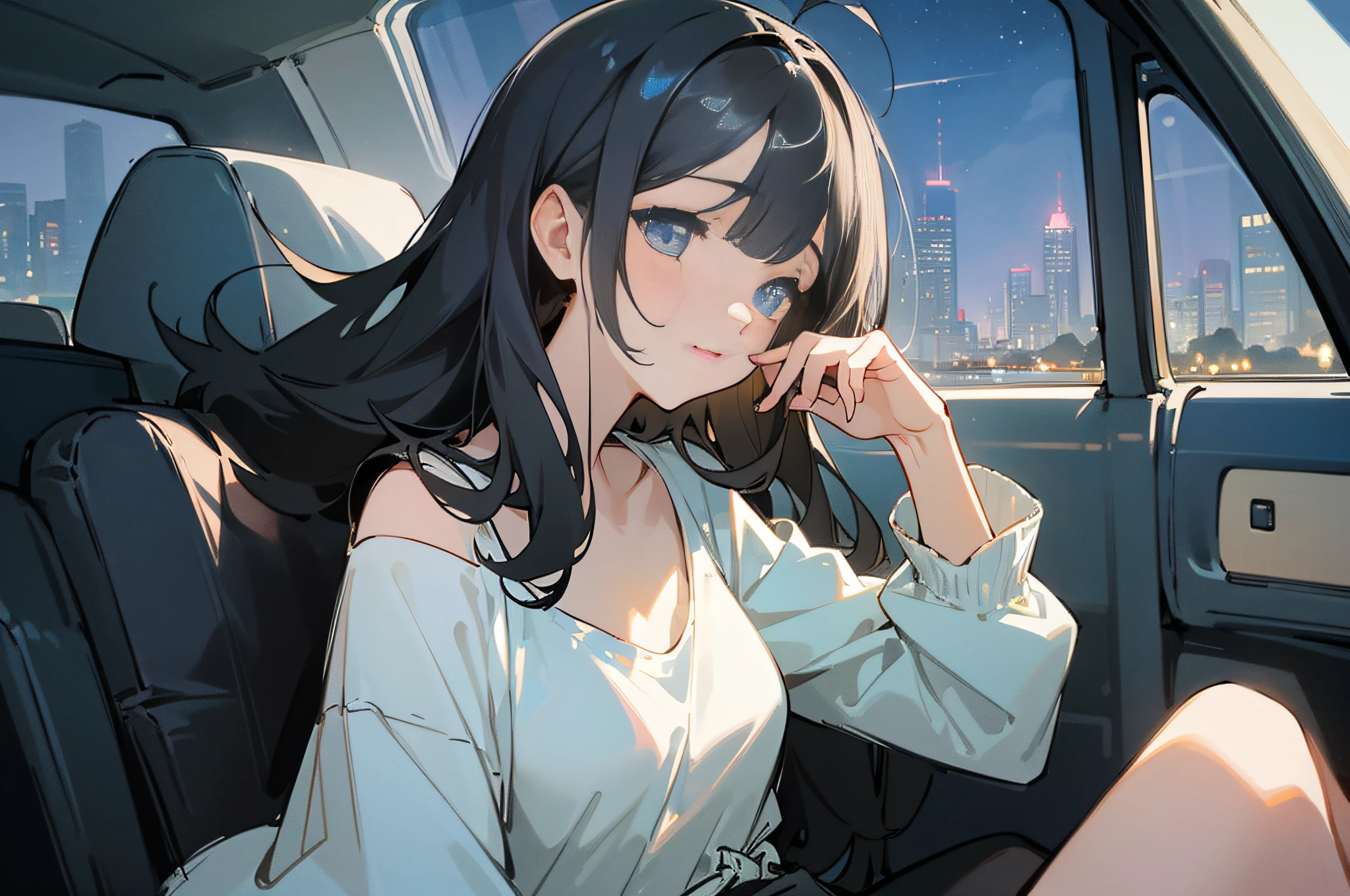 ((A beautiful woman)), sexy body, ((white waistless short T-shirt: 1.2)), coat, shoulder-length black hair, (((black leggings: 1.21))), (very delicate and beautiful), night, ((sitting inside the car)), ((looking out of the car: 1.3)), (masterpiece: 1.21), (best quality: 1.331), ((super detailed)), ((excellent illustration)), (white picture) ((delicate face: 1.3)) (anime style: 1.3)