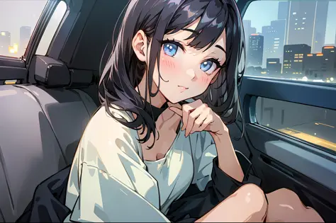 ((A beautiful woman)), sexy body, ((white waistless short T-shirt: 1.2)), coat, shoulder-length black hair, (((black leggings: 1.21))), (very delicate and beautiful), night, ((sitting inside the car)), ((looking out of the car: 1.3)), (masterpiece: 1.21), ...
