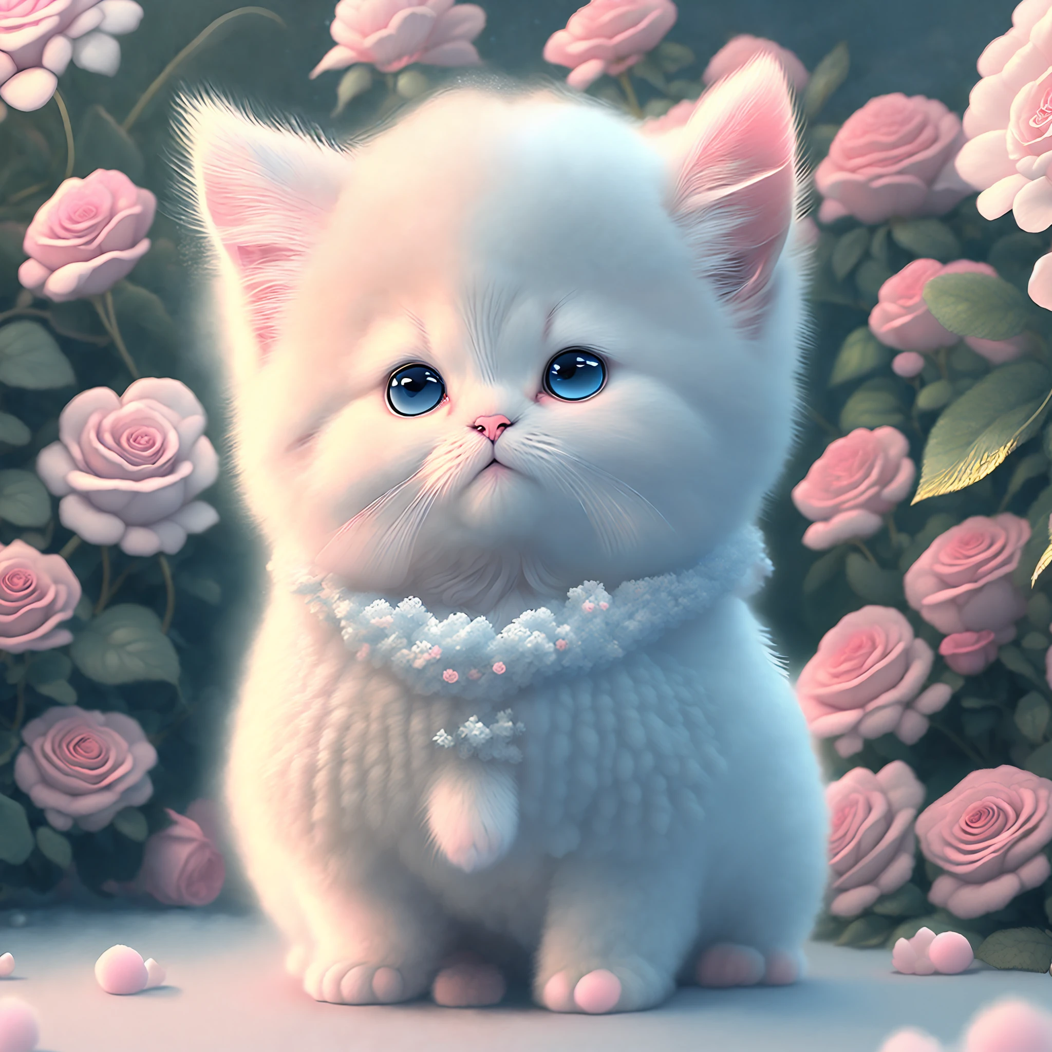 在這個超詳細的CG藝術中, 被飄逸玫瑰包圍的可愛小貓, 最好的品質, 高解析度, 錯綜複雜的細節, 幻想, 可愛的動物