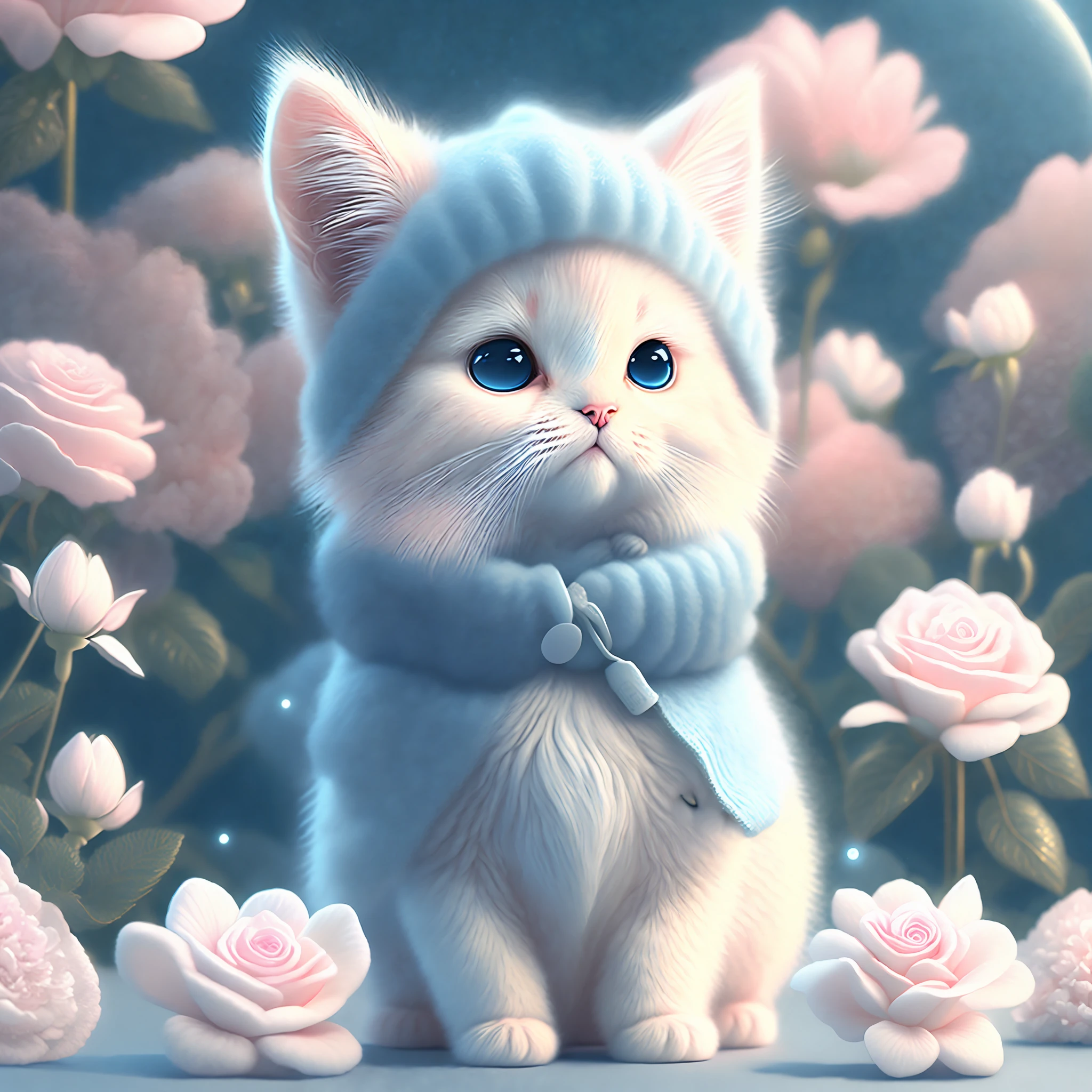 En este arte CG ultradetallado, el adorable gatito rodeado de rosas etéreas, mejor calidad, alta resolución, detalles intrincados, Fantasía, Animales bonitos