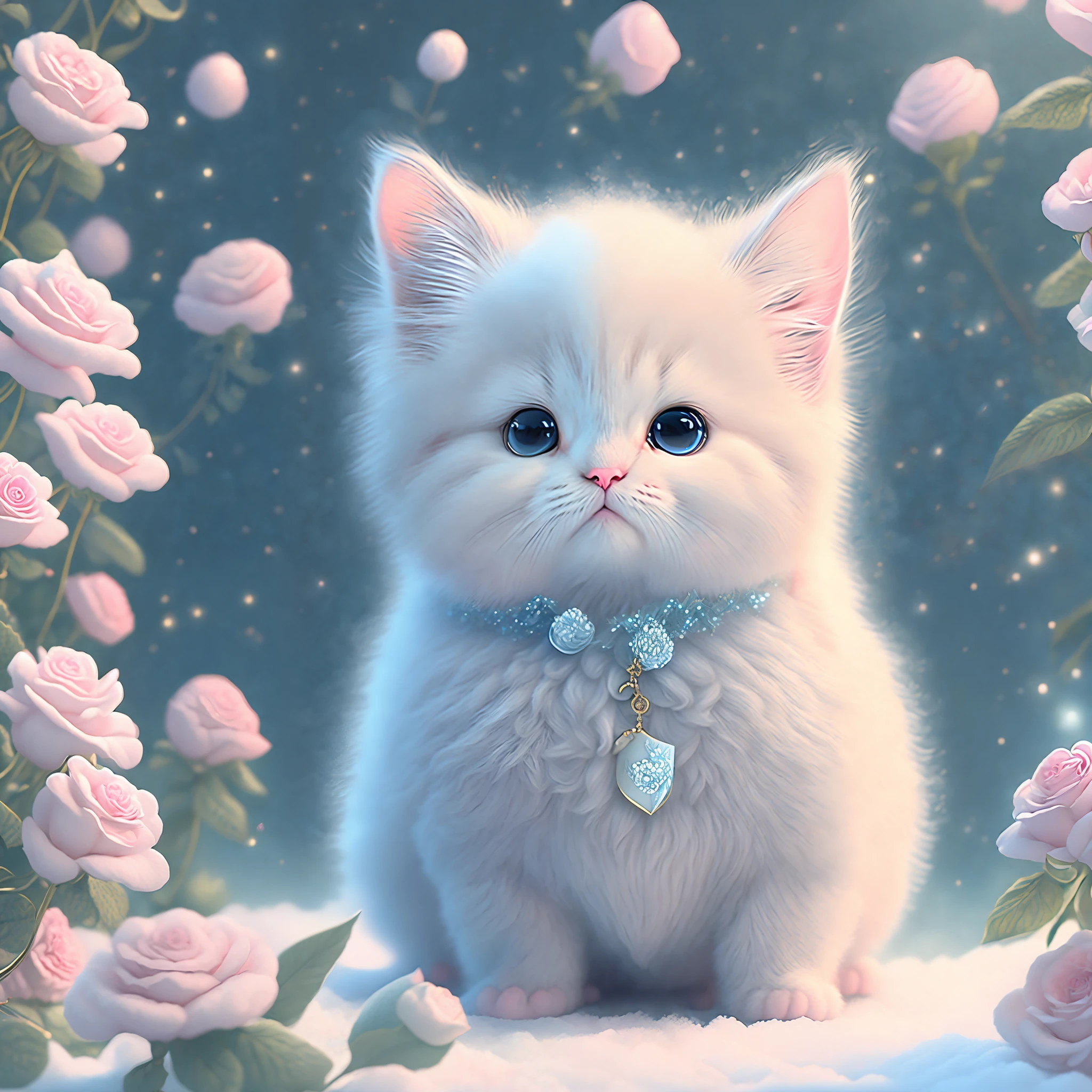 In this ultra-detailed CG art, the adorable kitten surrounded by ethereal roses, best quality, high resolution, intricate details, fantasy, cute animals