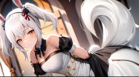 Masterpiece, best quality, maid, fake animal ears, solo, white hair, double tail, pretty face, nice face