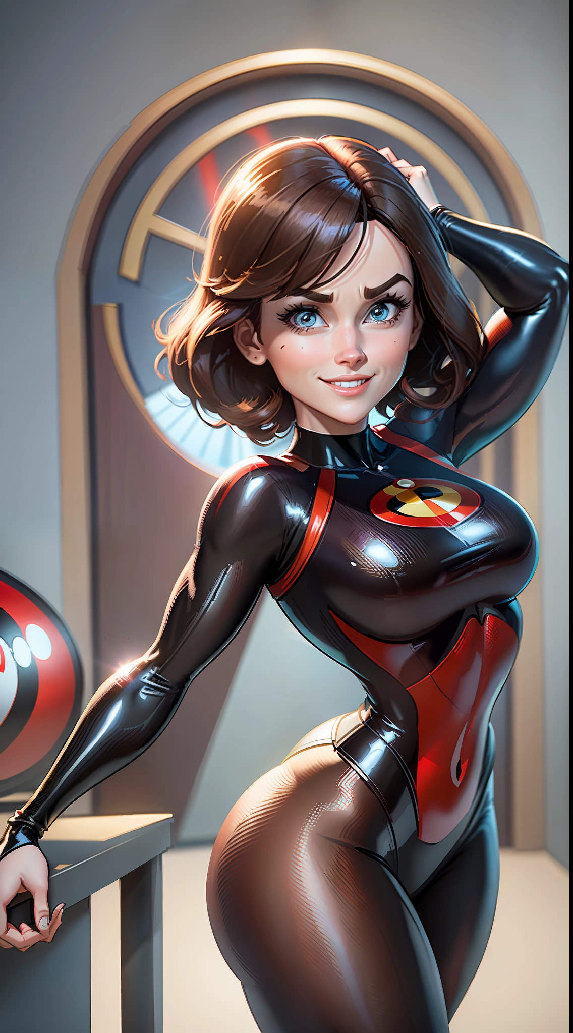 A close up of a woman in a black and red suit - SeaArt AI