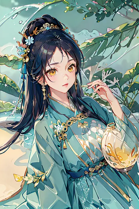 best quality, intricate details, highres,(beautiful detailed water:1.4),(hanfu, tang style),yellow eyes,(1girl in glass jar:1.1)...