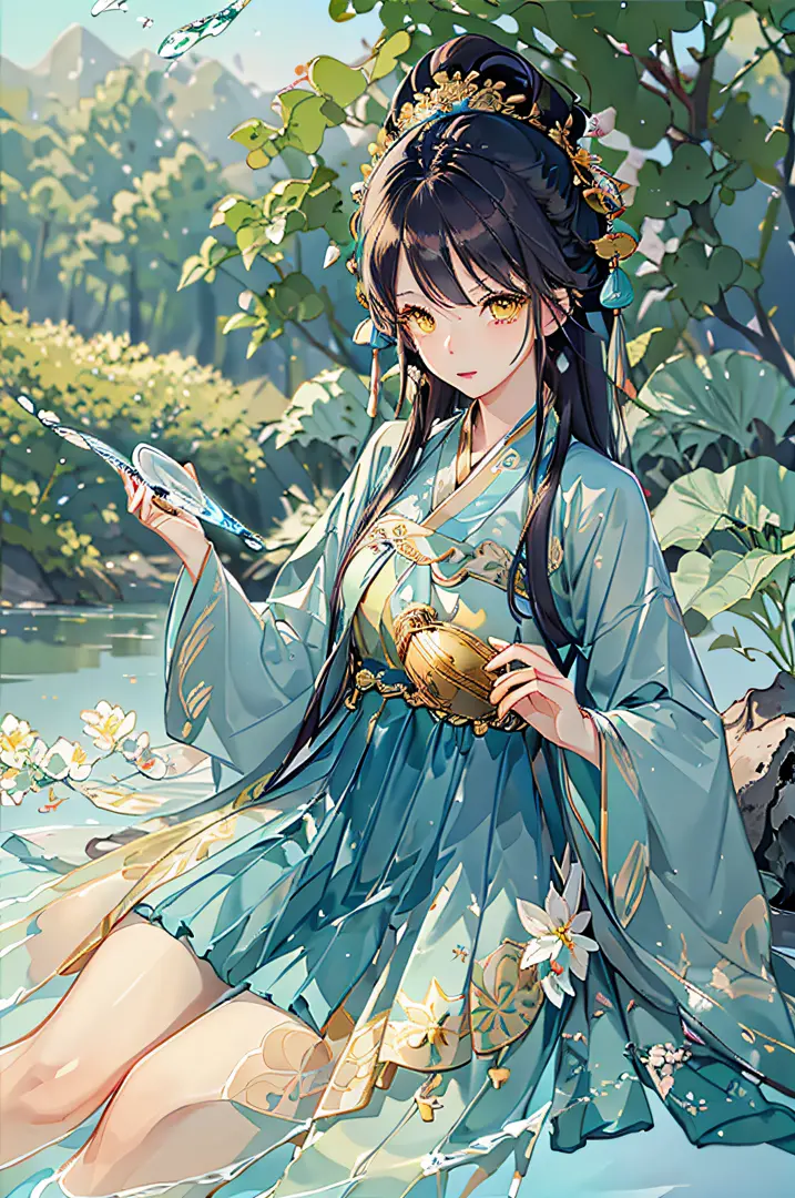 best quality, intricate details, highres,(beautiful detailed water:1.4),(hanfu, tang style),yellow eyes,(1girl in glass jar:1.1)...