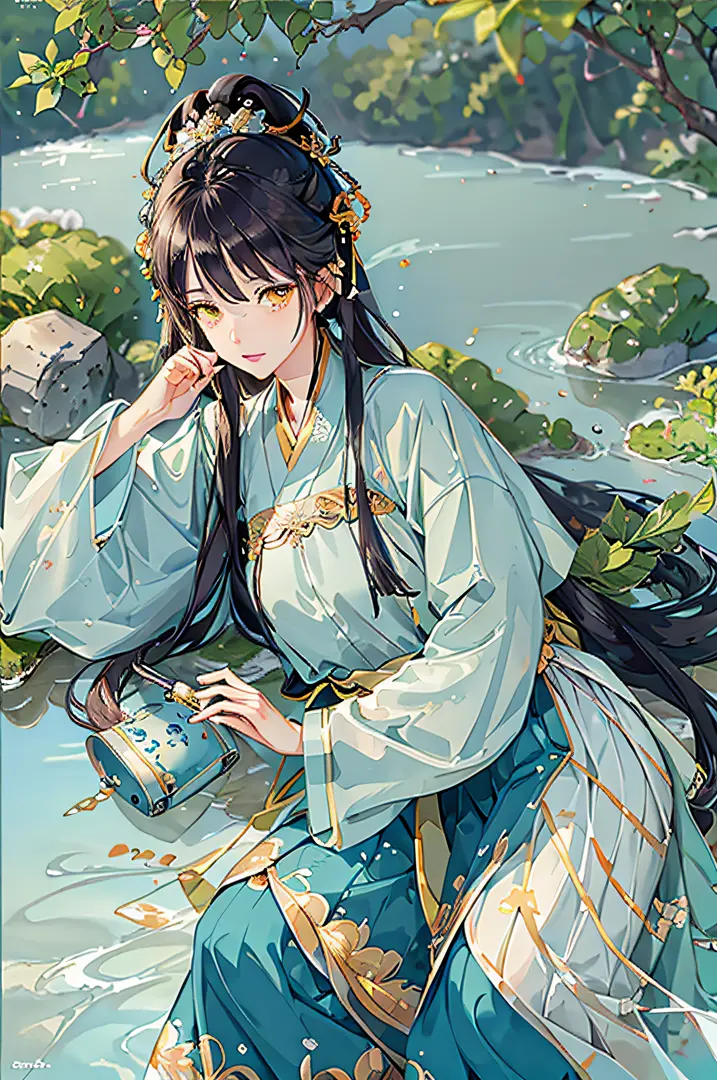 best quality, intricate details, highres,(beautiful detailed water:1.4),(hanfu, tang style),yellow eyes,(1girl in glass jar:1.1)...