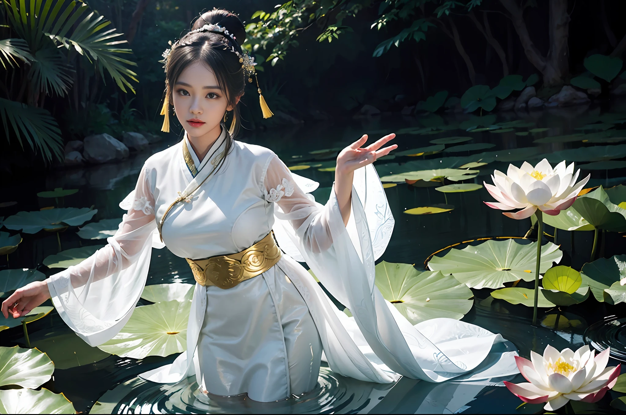 realistic, large vista, wide-angle lens, intricate details, ultra-detailed, natural skin texture, 1 girl, bun, beautiful Chinese woman in white hanfu robe cape, clothes with four very thin delicate streamers, fairy, white mist, golden light, outdoors, large white lotus, beautiful scenery Deep in the lotus pond, (colorful, vivid, sunny, Cool Light: 1.2) Lotus leaves in the pond, delicate facial details, dynamic poses, exquisite details, wide view, epic details, global illumination - ar 3:2 - q 5 - v 5.1 - style raw - s 750, style influenced by ancient Chinese art, complex, high detail, sharp focus, dramatic, photorealistic painting art, lotus leaf, spring rain, bright, light, atmosphere, spring bright tones, super detail, 16k, best quality, soft light, space, crystal clear, natural light, surreal photography,