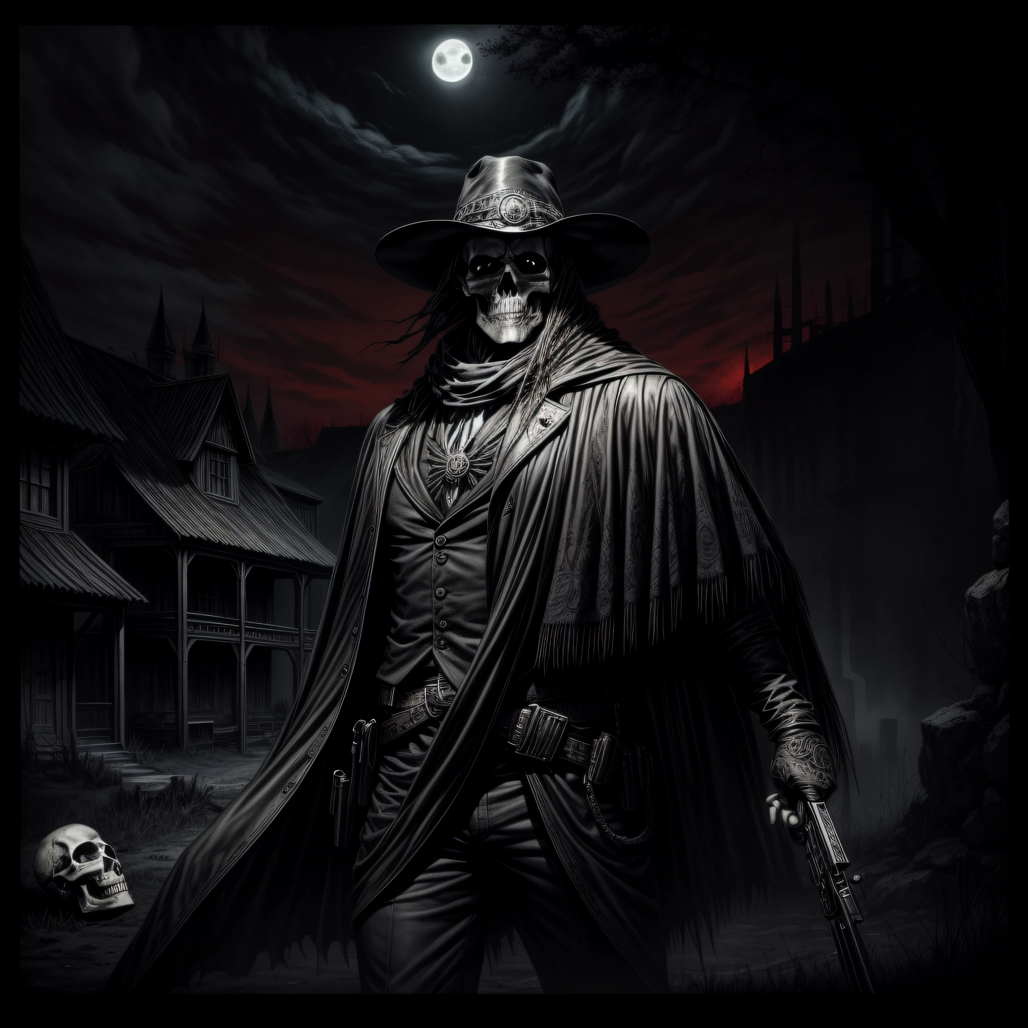 Dark Country album cover, with a skull-faced man in the moonlight holding an art-style pistol of engraving, monochrome, cool colors. artistic style of engraving, cool colors. lineart, monochrome, dread, gothic, horror, surreal, terror, fear, despair, monstrous humanoid, fantasy, dreamlike, dramatic