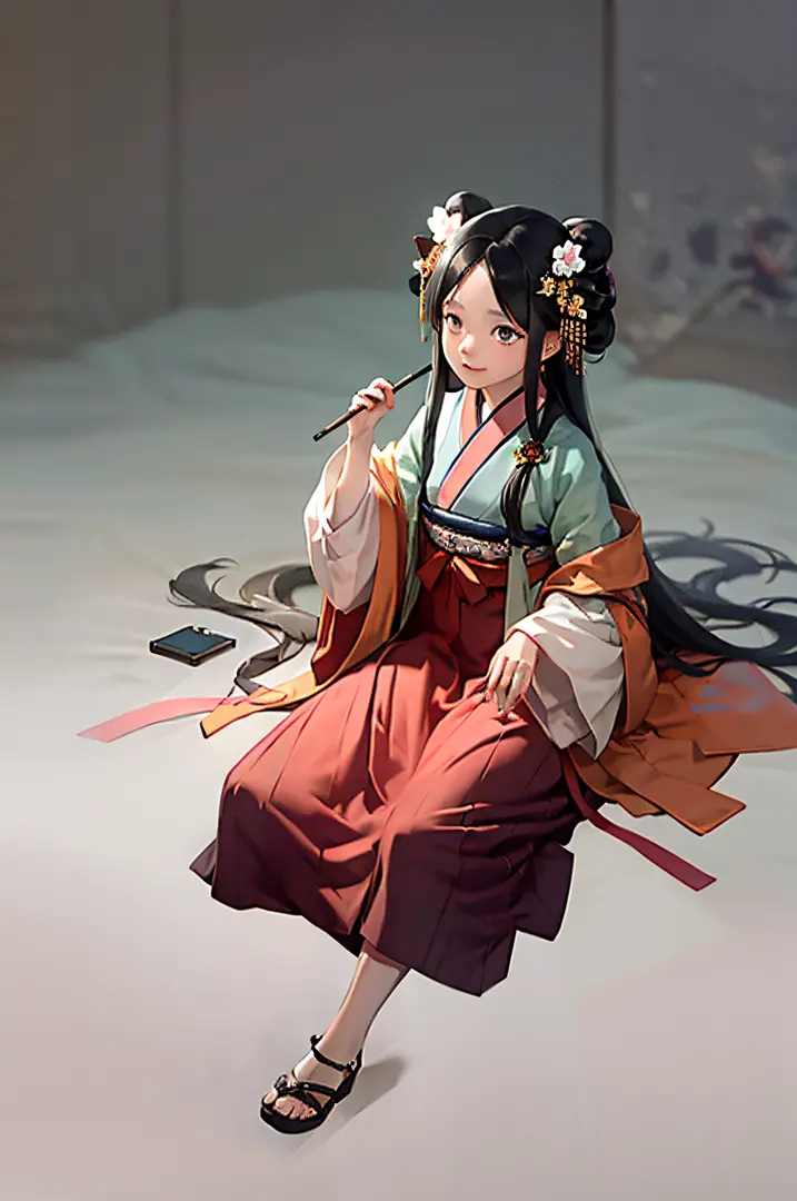 masterpiece, best quality, hanfukozue, 1girl, black hair, bug, butterfly, barefoot, solo, hair ornament, sitting, hanfu, chinese...
