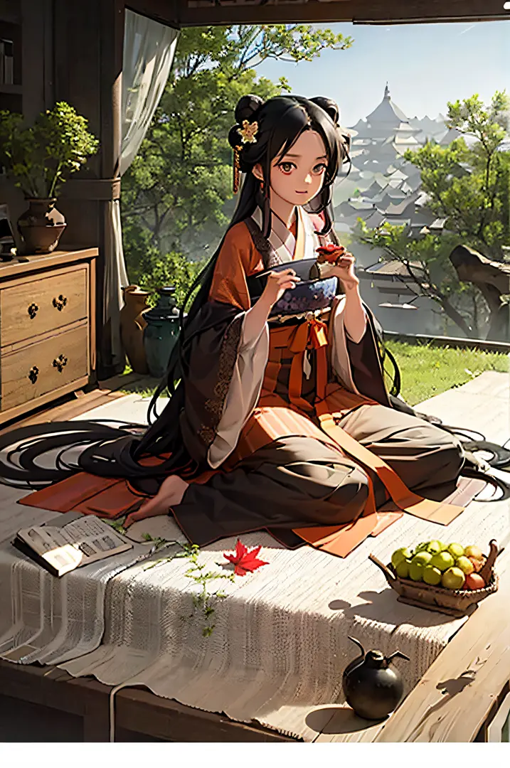 masterpiece, best quality, hanfukozue, 1girl, black hair, bug, butterfly, barefoot, solo, hair ornament, sitting, hanfu, chinese...