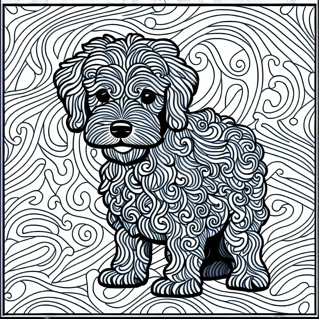 a dog style poodle toy, fantasy, magical, mystical, unusual, black and white, wavy lines, realistic line art drawing, coloring b...