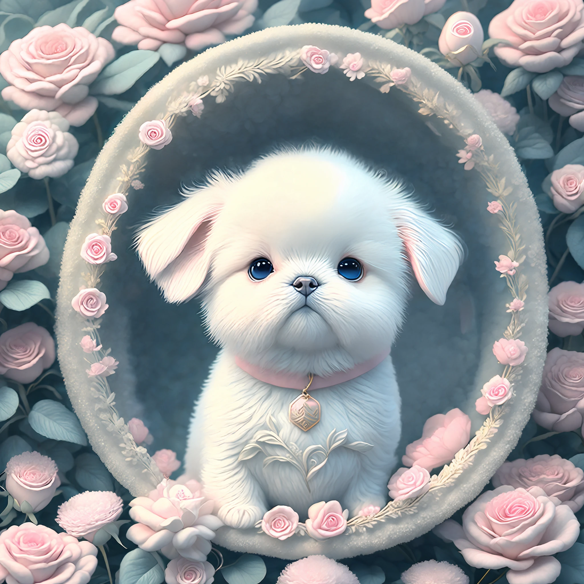 この超精細なCGアートでは, 幻想的なバラに囲まれた愛らしい子犬, 最高品質, 高解像度, 複雑なディテール, ファンタジー, かわいい動物